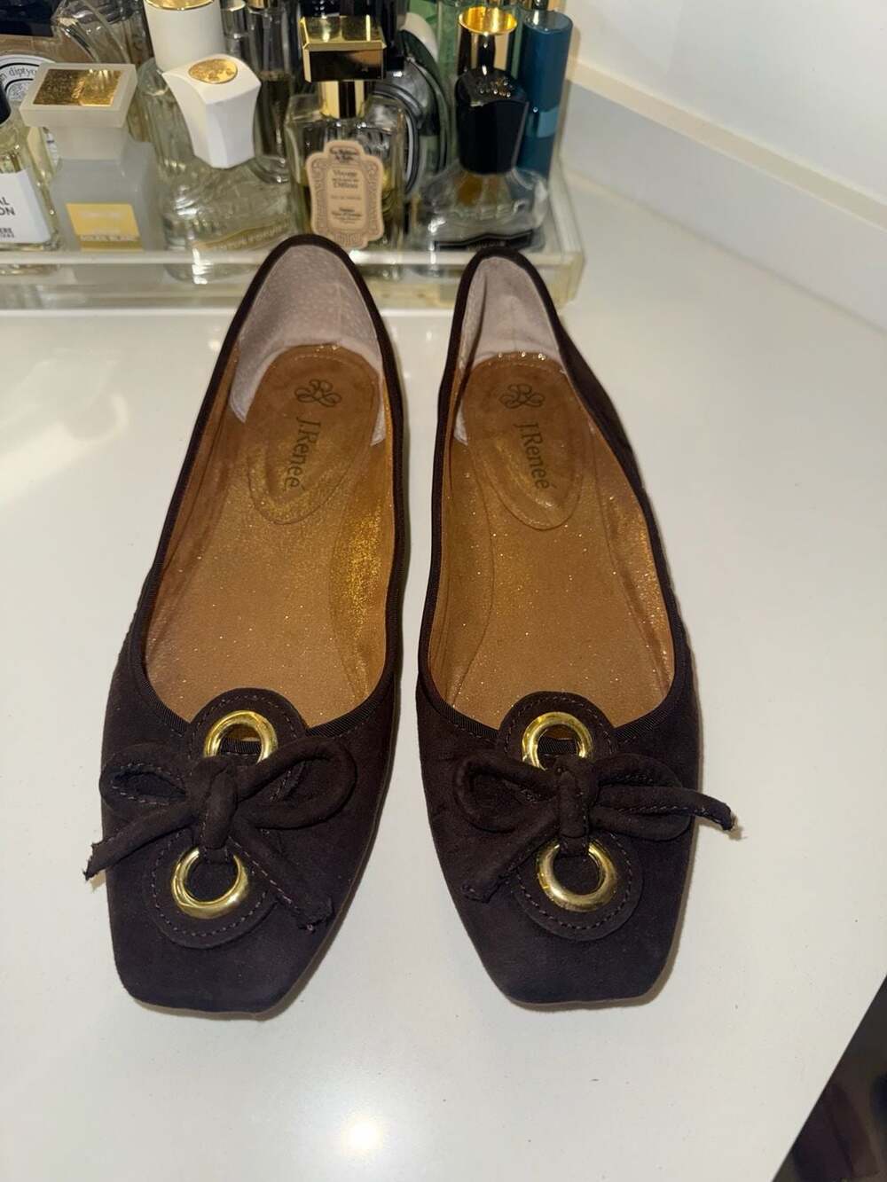 J. Renee Edie Brown Suede Bow Flats Size 10W